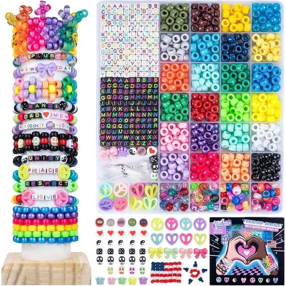 Kandi Beads Kit, Pony Beads for Bracelet Making, Pony Beads Kit with Letter Beads, Peace Beads, Skull Beads, Heart Beads, Beads for Jewelry Making, Jewelry Making Kit for Adults&Kids
