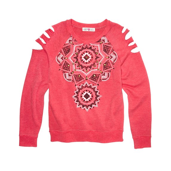 Kandy Kiss Girls Shredded-Sleeve Graphic Top Slash Sweatshirt (Small, Red)