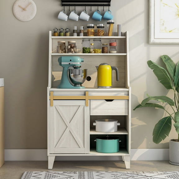 Kane 6-Shelf Wood White Oak Baker's Rack with Sliding Door