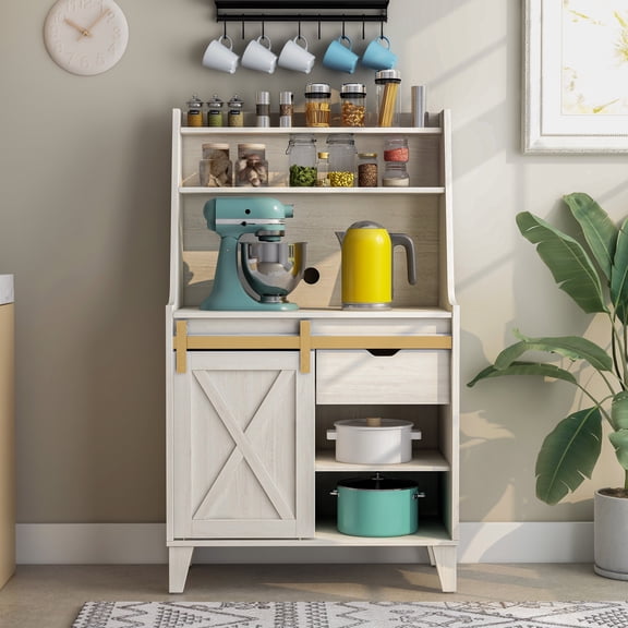 Kane 6-Shelf Wood White Oak Baker's Rack with Sliding Door