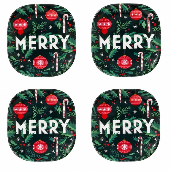 Kane Christmas Melamine Appetizer Dessert Plates, Set of 4, Merry Holiday Design, 7.75 Inch