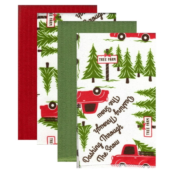 Kane Home Christmas Microfiber Towels 4-Pack , Red Truck Holiday Print, Kitchen Cleaning and Drying
