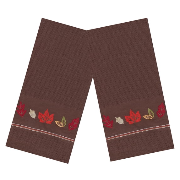 Kane Home Fall Kitchen Towel 2-Piece Set, Waffle Style Brown Autumn Leaves 16x26 inch