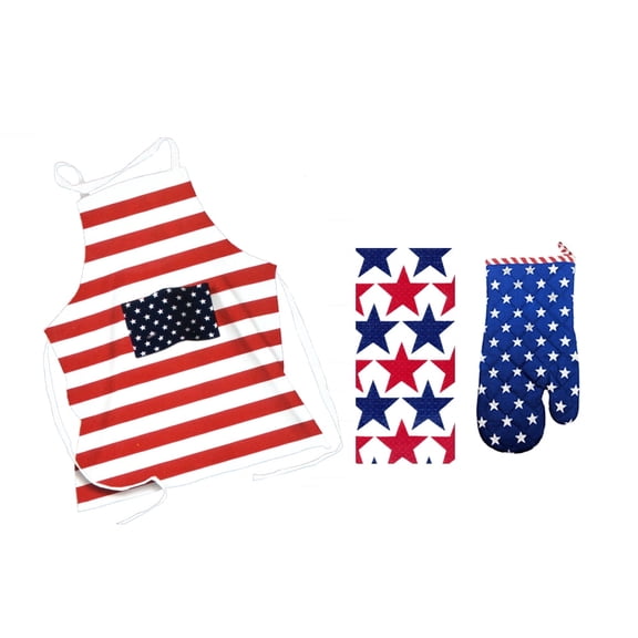 Kane Home Patriotic Kitchen Set with Cooking Grilling Apron, Oven Mitt, Towel, Red White Blue Stars Stripes