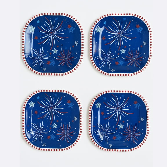 Kane Set of 4 Patriotic Melamine Appetizer Plates, 8x8 in, Red White & Blue Fireworks Design