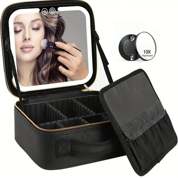 Dolemoduo Travel Makeup Bag with Mirror LED Light 3 Adjustable Brightness Cosmetic Bag Portable Portability Cosmetic case Gift for Women,Girls Gift (Black)