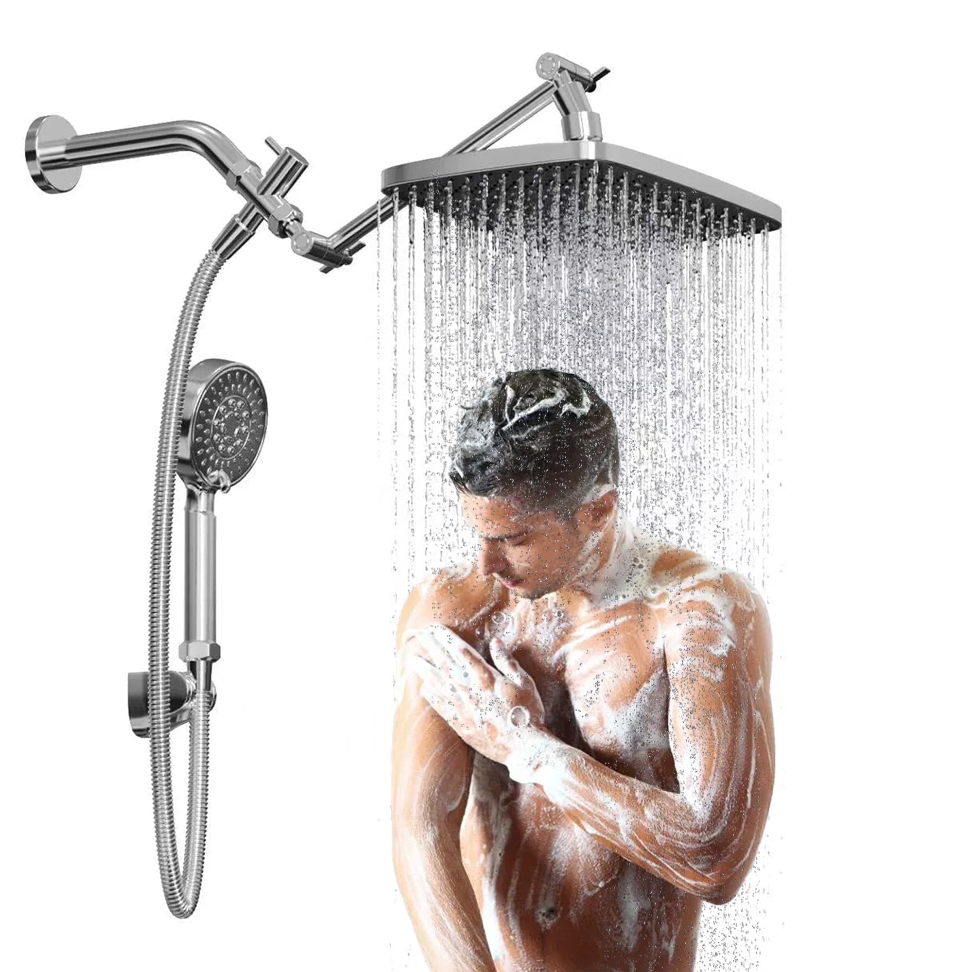SERABETTO High Pressure 12inch Shower Heads with Handheld Spray Combo with Fixed Showerhead and 5 Sprays Dual Shower Head Combo-silver