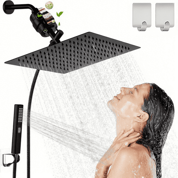 SERABETTO Filtered Shower Head, High Pressure 8″Square, 5 settings Handheld Rain Shower Filter Combo with Self-adhesive Holder/1.5M Hose -1 Replaceable Filter Cartridge (Chrome Finish) ﻿