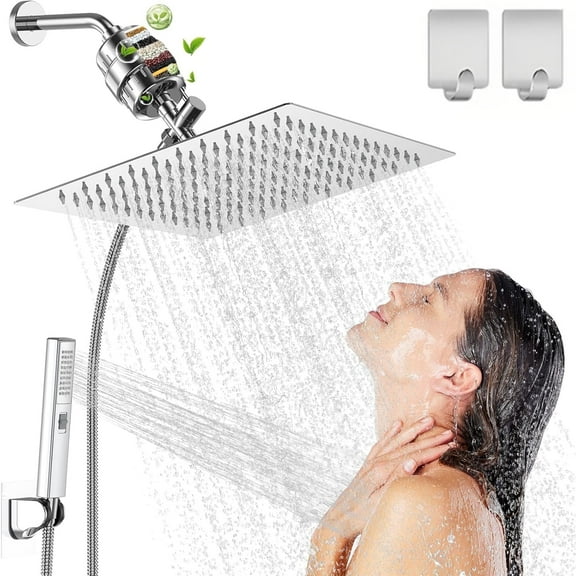 SERABETTO Filtered Shower Head, High Pressure 8″Square, 5 settings Handheld Rain Shower Filter Combo with Self-adhesive Holder/1.5M Hose -1 Replaceable Filter Cartridge (Chrome Finish) 