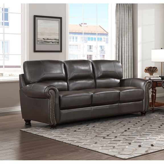 Kanepe Foxborough Leather Sofa - Dark Brown, 84" 3-Seat, Rolled Arms, Nailhead Trim, Traditional Style Living Room Couch