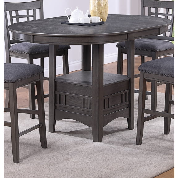 Kanepe Round Dining Table with Leaf, Solid Wood, Gray Finish, 42"+18" Expandable, Contemporary Style, Open Storage Base