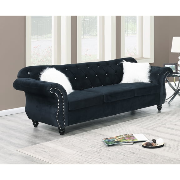 Kanepe Velvet Sofa - 93" Traditional 3-Seat Couch with Pillows, Tufted Back, Silver Nailhead Trim - Black Living Room Furniture