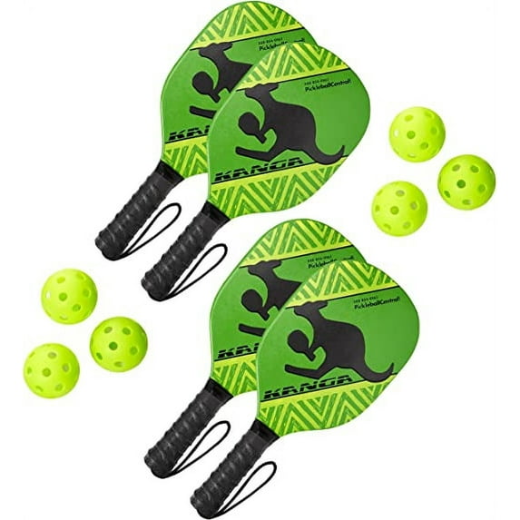 Kanga Beginner Pickleball Paddle Bundle | Set Includes 4 Pickleball Paddles/6 Pickleball Balls | Durable Wood Paddle Construction with Comfort Cushion Grip