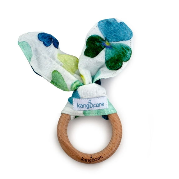 Kanga Care Baby Soft Muslin Sensory Crinkle Bunny Ear Wood Teething Ring - Clover Leaf