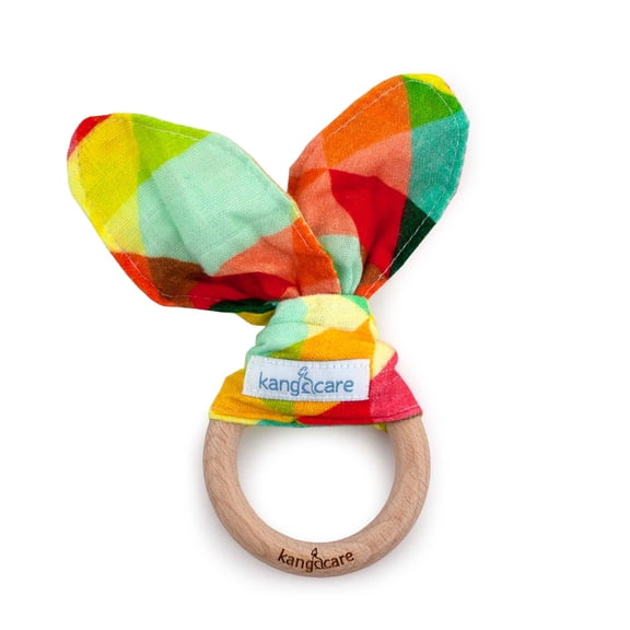 Kanga Care Baby Soft Muslin Sensory Crinkle Bunny Ear Wood Teething Ring - Finn Geometric