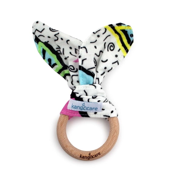 Kanga Care Baby Soft Muslin Sensory Crinkle Bunny Ear Wood Teething Ring - Radical 80's