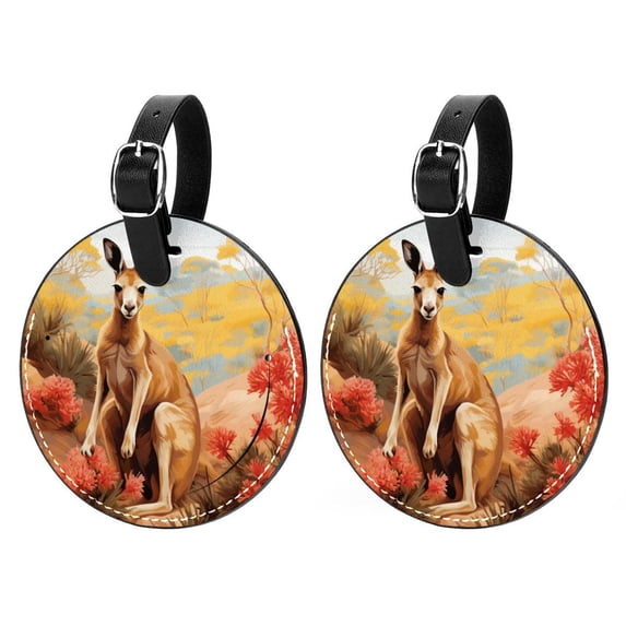 Kangaroo 2pcs PU Leather Round Bag Tags with Privacy Cover and Name ID Tag - Suitcase Tags for Travel Luggage, Handbags, Backpacks, School Bags