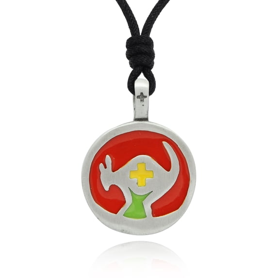 Kangaroo And Cross Silver Pewter Charm Necklace Pendant Jewelry With Cotton Cord - Red
