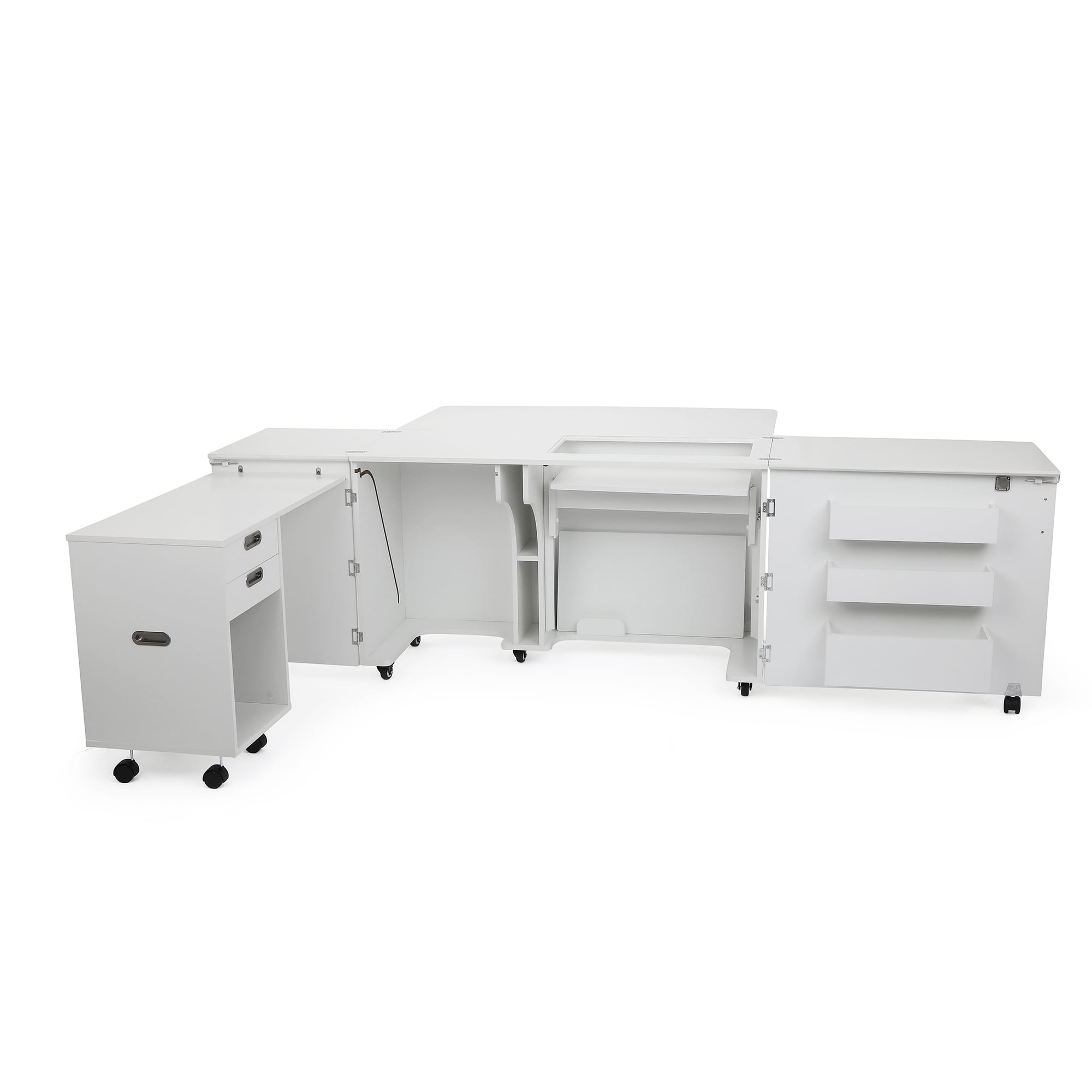 White Ash Hydraulic Lift Sewing Cabinet with Rolling Caddy