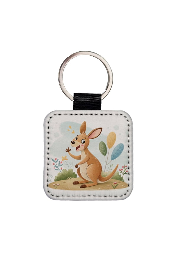 Kangaroo Children's Illustration Style Faux Leather Square Keychain