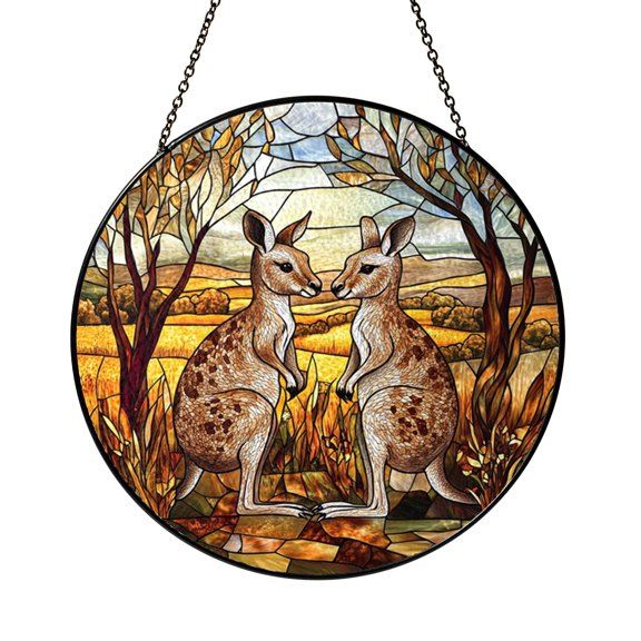 Kangaroo Duo Stained Glass Suncatcher, Round Window Panel with Vibrant Outback Scenery, Australian Wildlife Home Decor