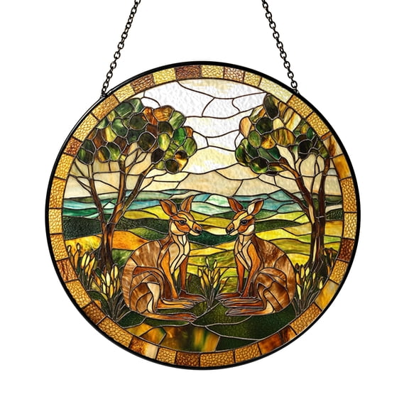 Kangaroo Duo Stained Glass Window Panel – Australian Wildlife Scene, Vibrant Outback Landscape, Perfect Nature-Inspired Home or Cabin Decor