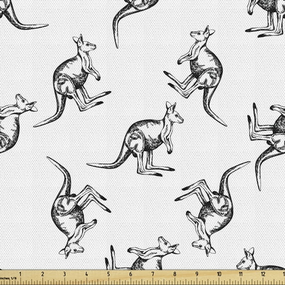 Ambesonne Kangaroo Fabric by the Yard Upholstery, Sketched Long Tailed, 2 Yards, Black White