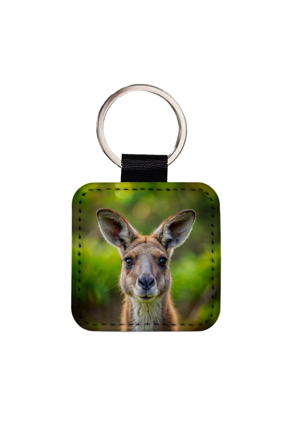 Kangaroo Face Faux Leather Square Keychain
