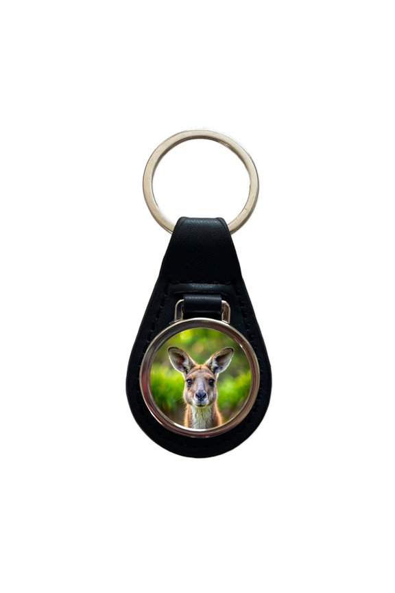 Kangaroo Face Metal Black Leather Keychain