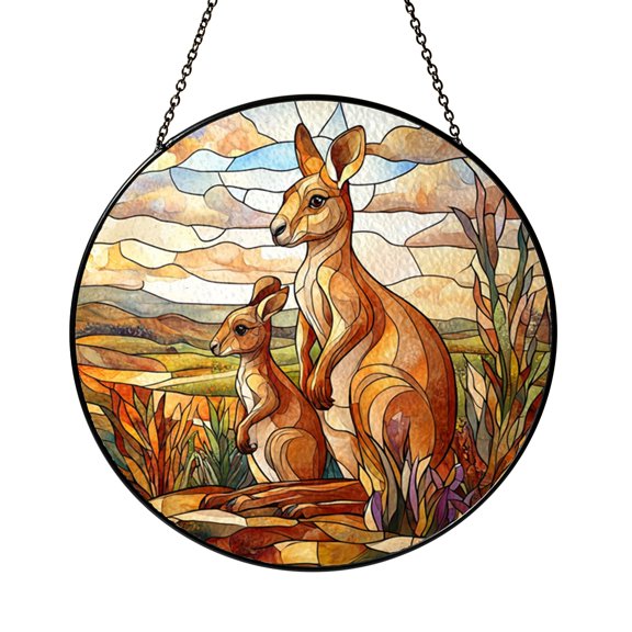Kangaroo Family Faux Stained Glass Window Hanging