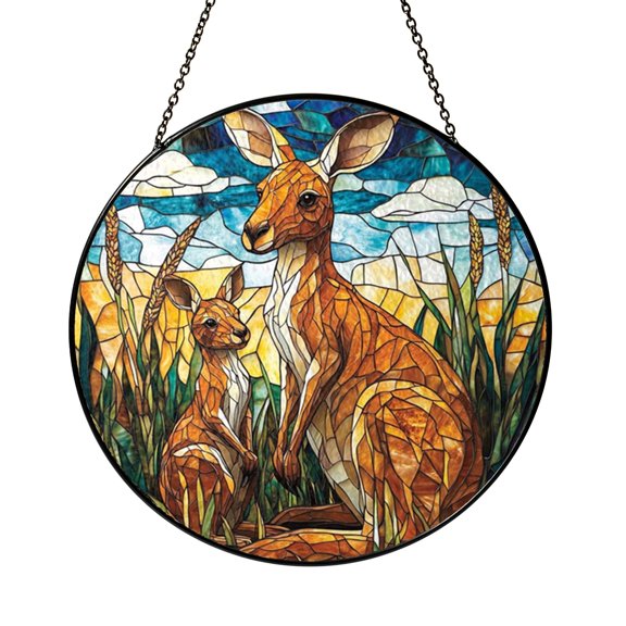 Kangaroo Family Scene Stained Glass Effect Suncatcher, Charming Window Hanging Decor