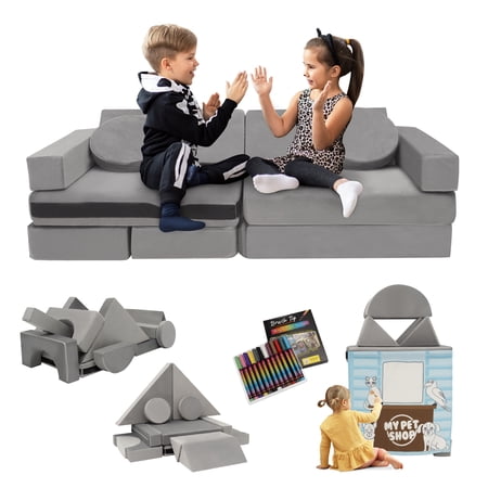 Kangaroo Hoppers 14PCS Kids Modular Play Couch, Convertible Kids Sofa, Ultimate Comfort 28D High-Resilience Foam Toddler Couch for Playroom, Includes Door Tent & Markers, Indoor Creative Building For