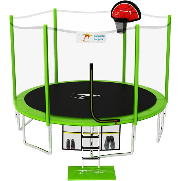 Kangaroo Hoppers 1500LBS 15FT Trampoline for Kids, Trampoline with Basketball Hoop, Ladders, Shoe Bag, Floor Mat, Green