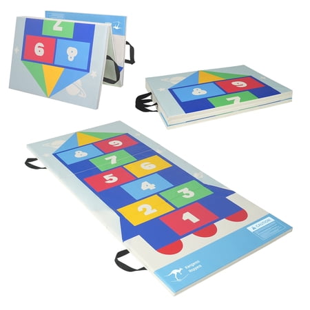 Kangaroo Hoppers Gymnastics Tumbling Mat for Kids, Foldable Hopscotch Tumble Mat for Gymnastics for Home with Velcro, 3 FT x 6 FT x 1", PVC Leather, Blue