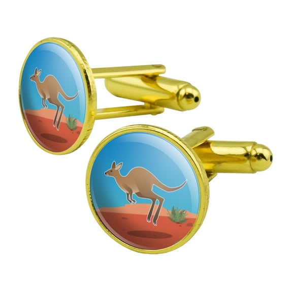 Kangaroo Hopping in the Australian Outback Round Cufflink Set Gold Color