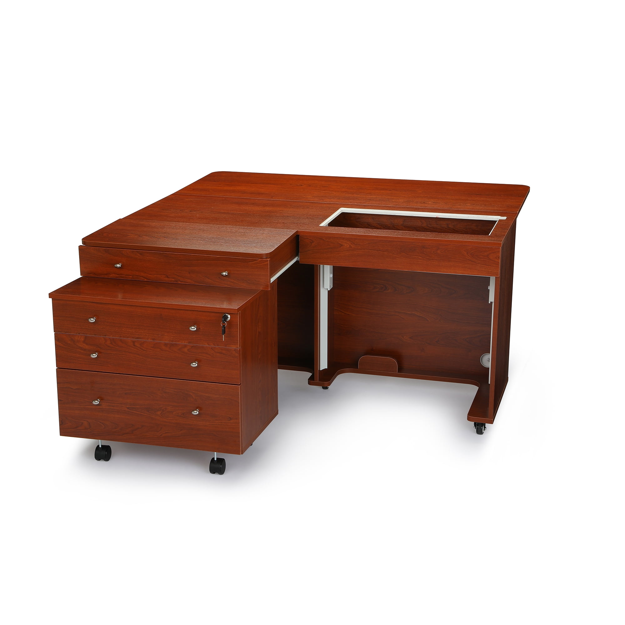 Teak Dual Rail Electric Lift Sewing Cabinet with Storage