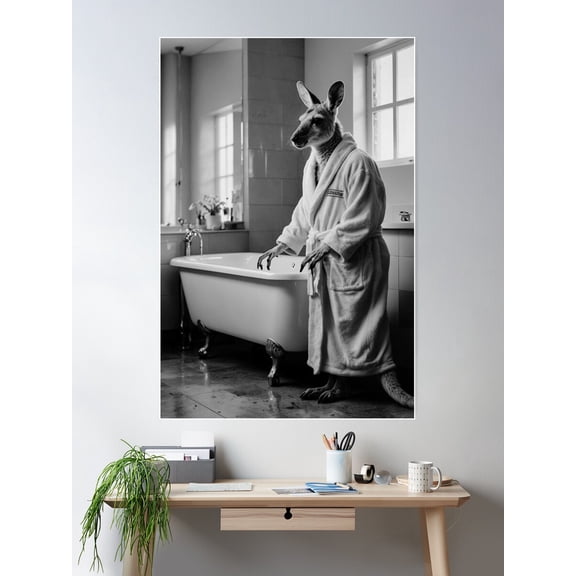Kangaroo In Bathrobe Standing By Bathtub Poster Wall Art, Modern Wall Decor For Living Room Bedroom, 24x36 UNFRAMED