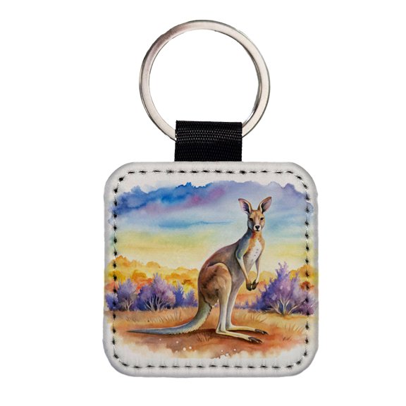 Kangaroo In The Fields Of Australia Watercolor Faux Leather Square Keychain