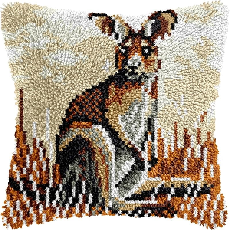 Kangaroo Latch Hook Pillow Kits Pillow Cover Pattern Printed Canvas Crochet Knitted Hooking Pillowcase Cushion Crafts Embroidery Latch Hooking Crochet Kits Set 17x17 inch(93)