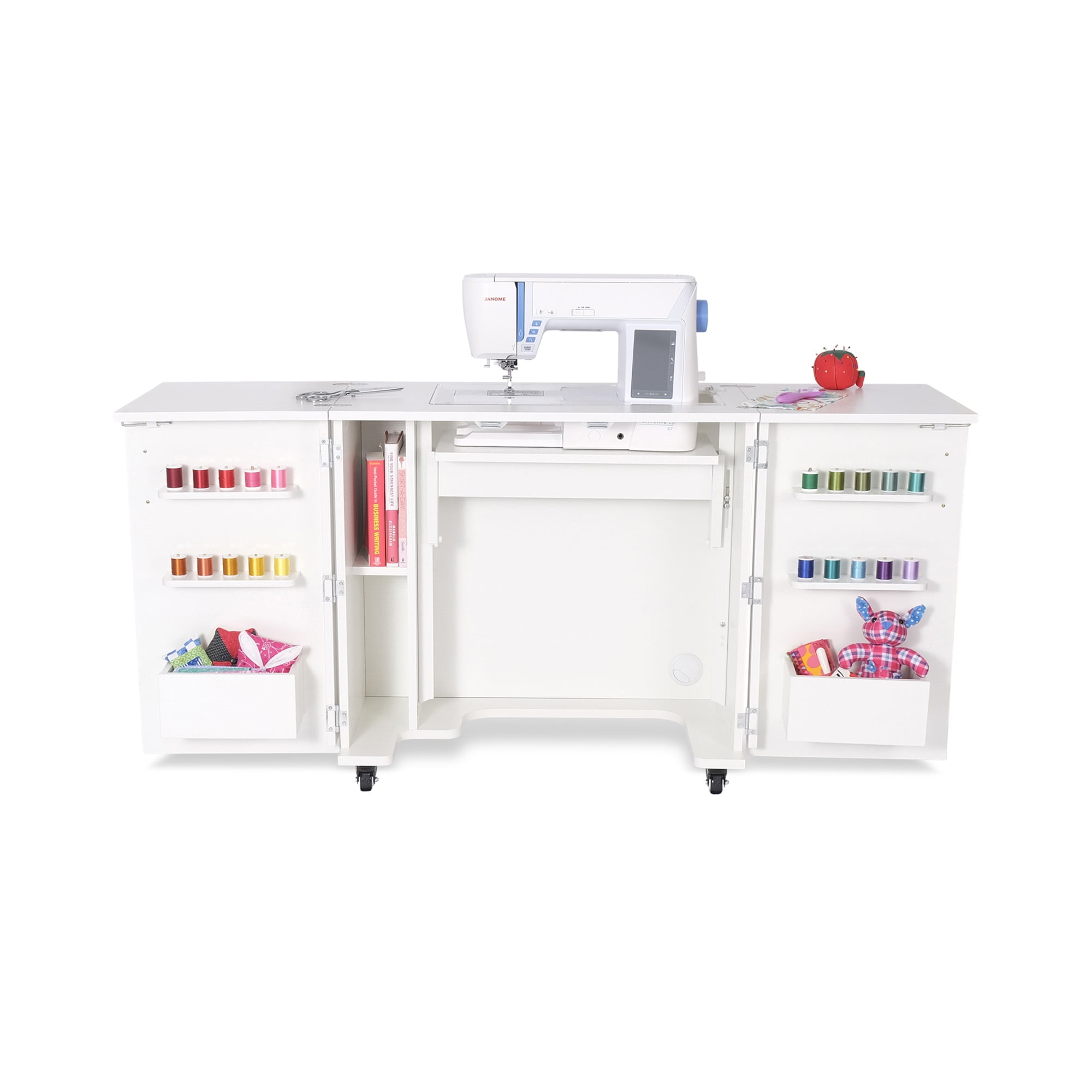 Ash White Hydraulic Lift Sewing Cabinet with Storage Shelves
