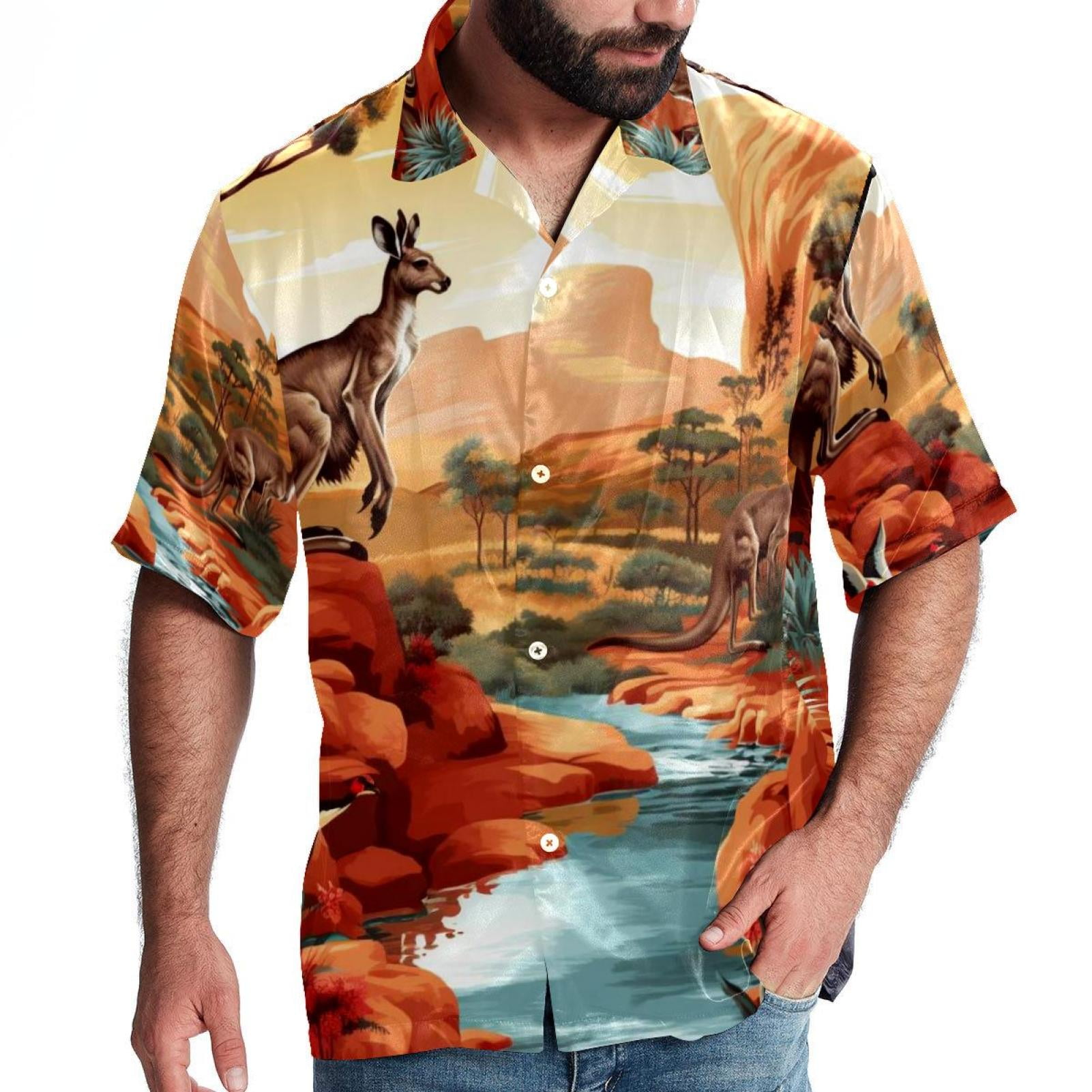 Kangaroo Men's Button Down Hawaiian Poplin Shirt Summer Beach Printed ...