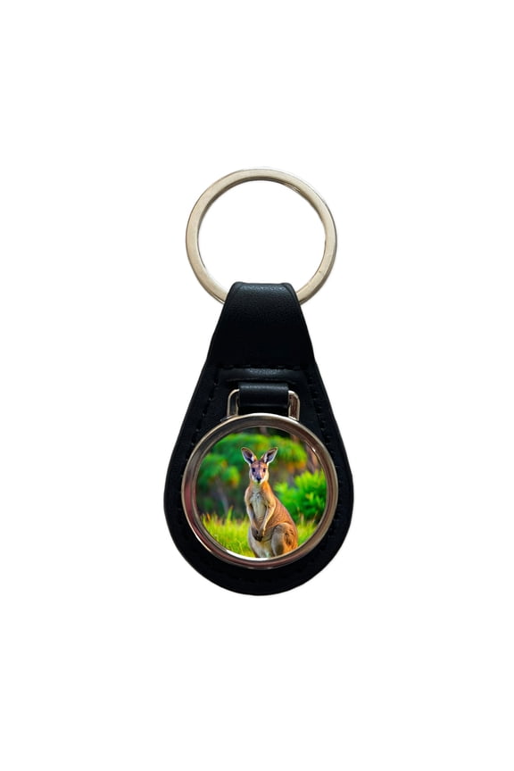 Kangaroo Metal Black Leather Keychain