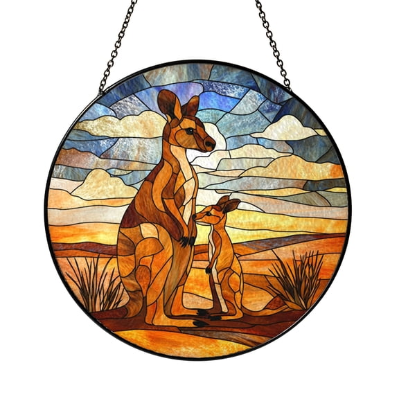 Kangaroo Mother and Joey Stained Glass Style Window Hanging Suncatcher, Wildlife Decorative Art Panel, Nature Home Accent Ornament Gift