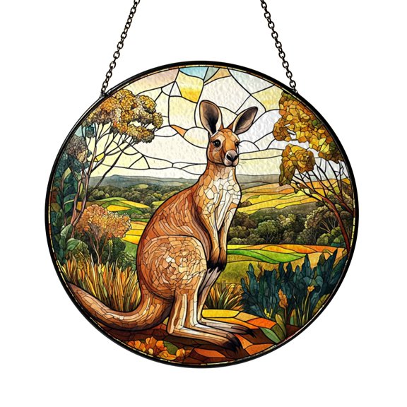 Kangaroo Outback Round Suncatcher – Stained Glass Style Wildlife Window Decor