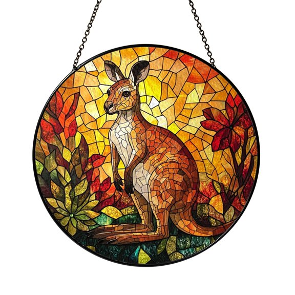 Kangaroo Pair Glass Suncatcher Window Decor Unique Wildlife Scene Hanging Home Accent