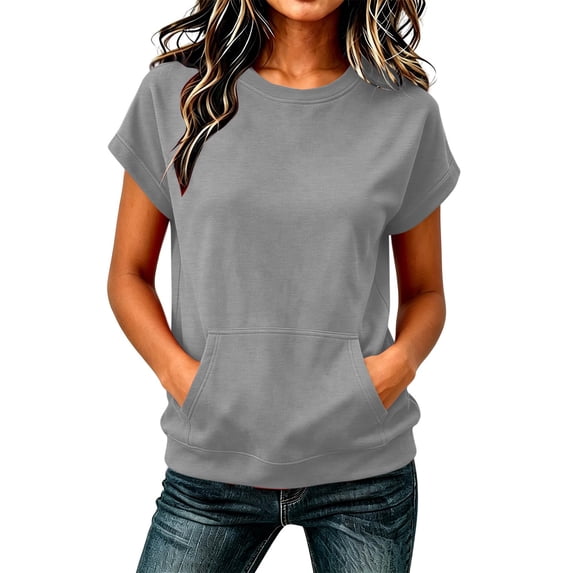 Kangaroo Pocket Cap Sleeve Crew Neck Sweatshirt Solid Loose Hoodless Casual Pullover Top for Women Spring Fall Daily Wear S-XXL
