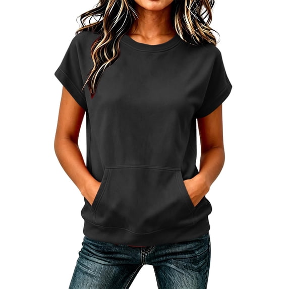 Kangaroo Pocket Cap Sleeve Crew Neck Sweatshirt Solid Loose Hoodless Casual Pullover Top for Women Spring Fall Daily Wear S-XXL