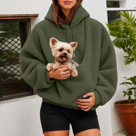 Kangaroo Pouch Hoodie for Women Oversized Dog Pouch Sweatshirts Cat Pouch Hoodies Pet Carrier Pullover Animal Holder Casual Long Sleeve Tops for Fall Winter, Vacation, Travel(Dark Green,S)