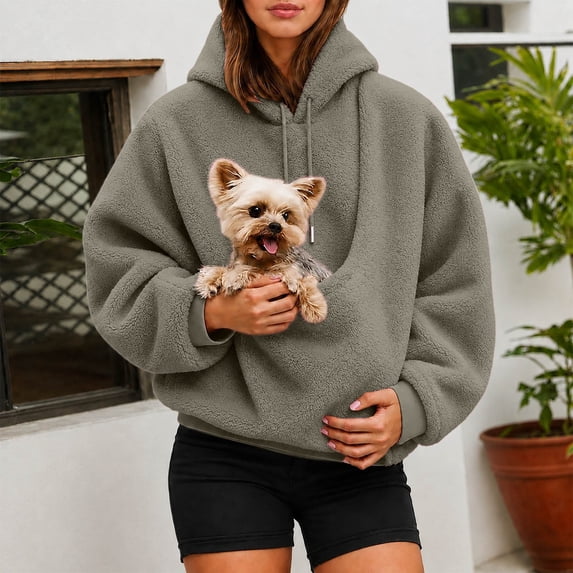 Kangaroo Pouch Hoodie for Women Oversized Dog Pouch Sweatshirts Cat Pouch Hoodies Pet Carrier Pullover Animal Holder Casual Long Sleeve Tops for Fall Winter, Vacation, Travel(Dark Gray,M)