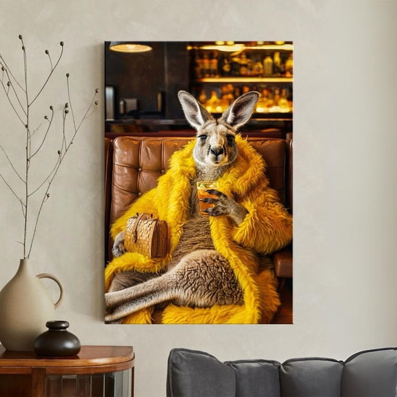 Kangaroo Print Animal In Yellow Fur Coat Art Cocktail Bar Eclectic Decoration, Unframed Paper Poster 8x10in